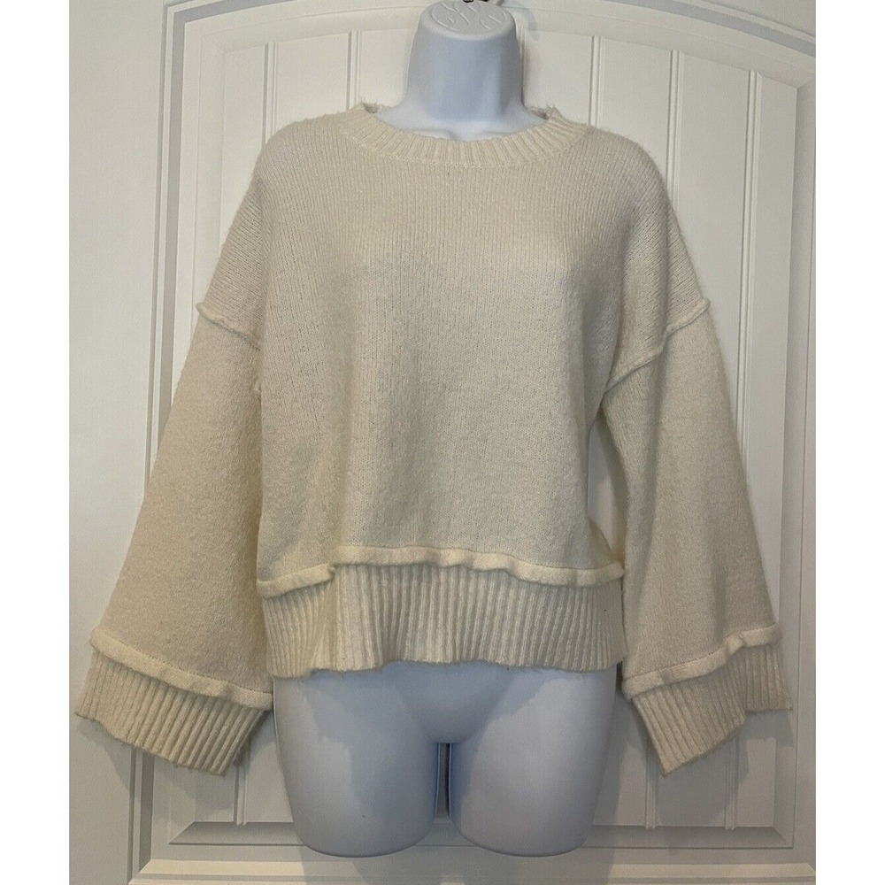 Double Zero Womens Spicy Small Mid Crop Ivory Loose Sweater Bat Sleeves